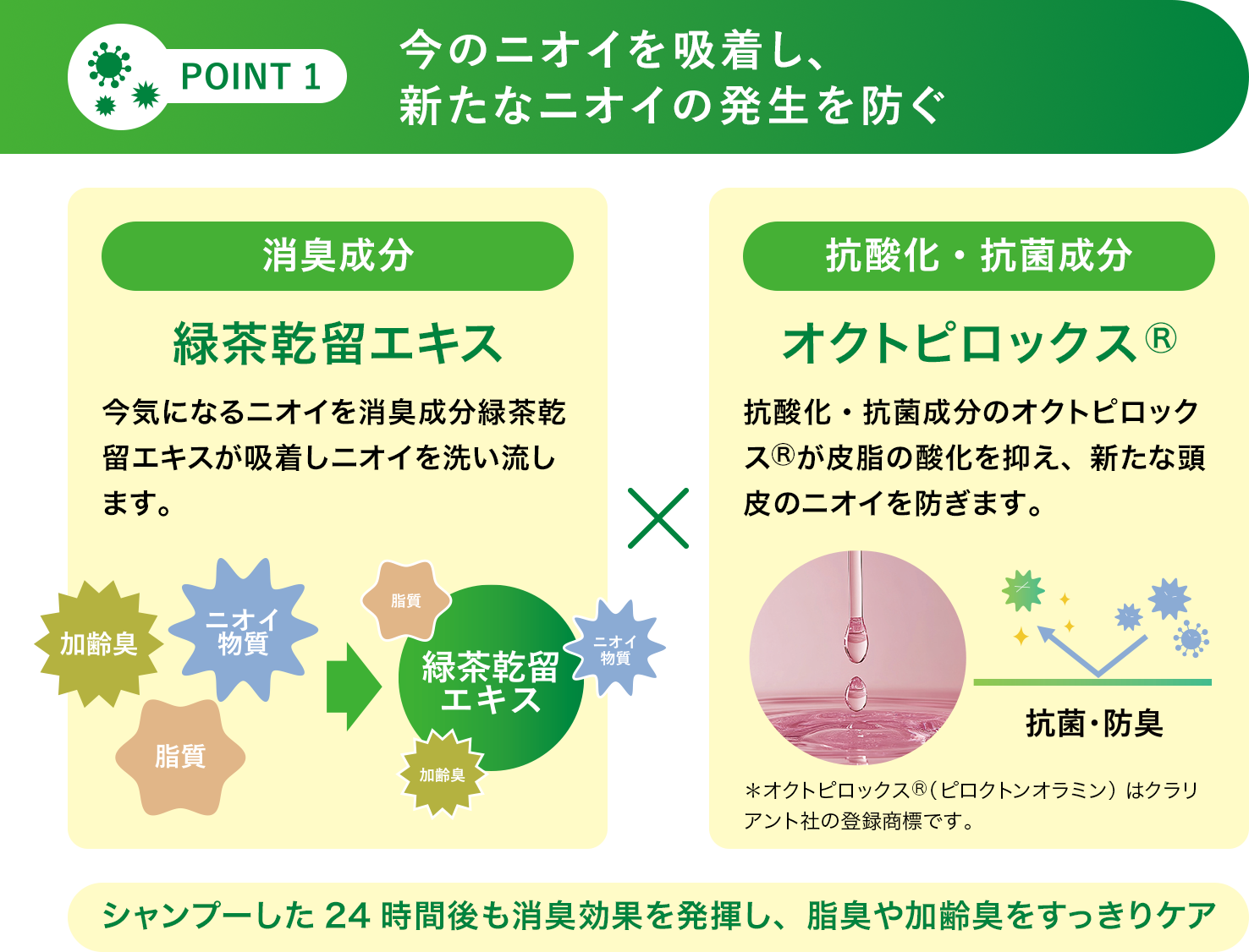[POINT 1]今のニオイを吸着し、新たなニオイの発生を防ぐ 【消臭成分】[緑茶乾留エキス]×【抗酸化・抗菌成分】[オクトピロックス&reg;]